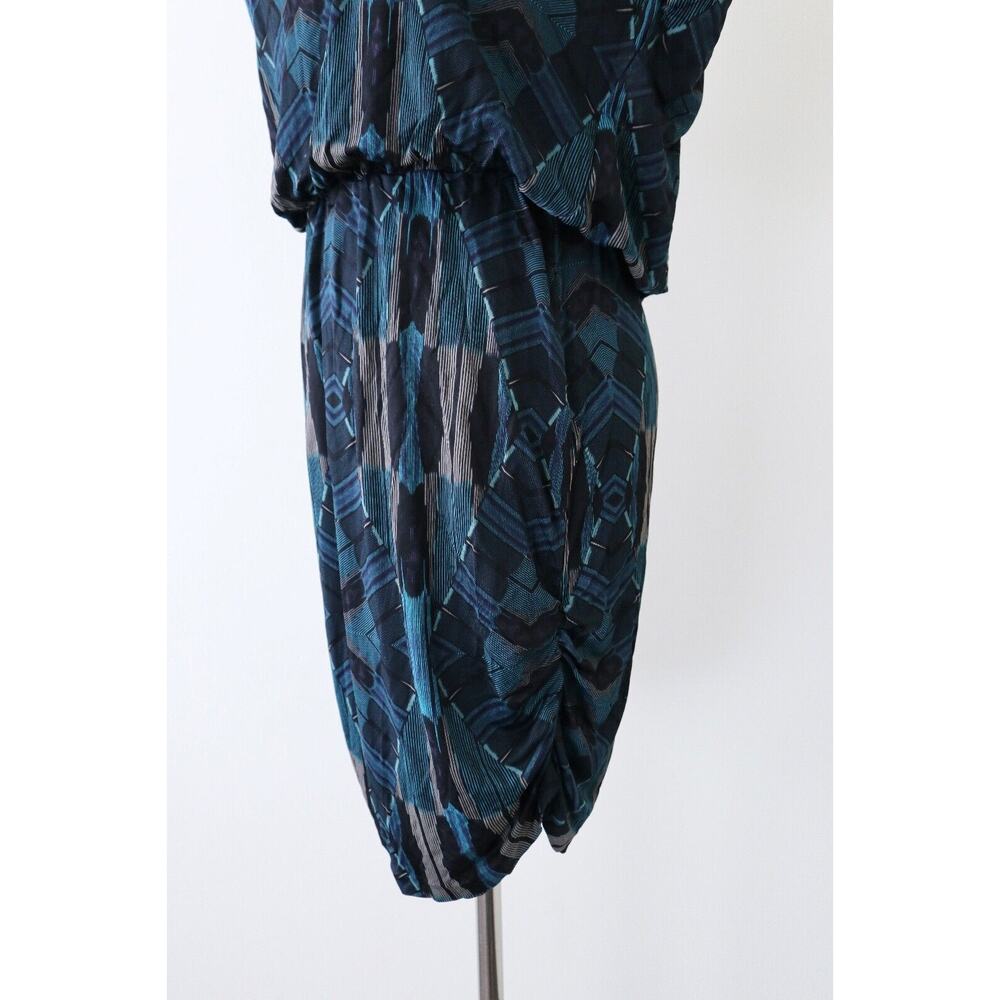 Dolce Vita Size M Geometric Print Dress Leather Cutout Back Ruched Teal Blue - Picture 7 of 13